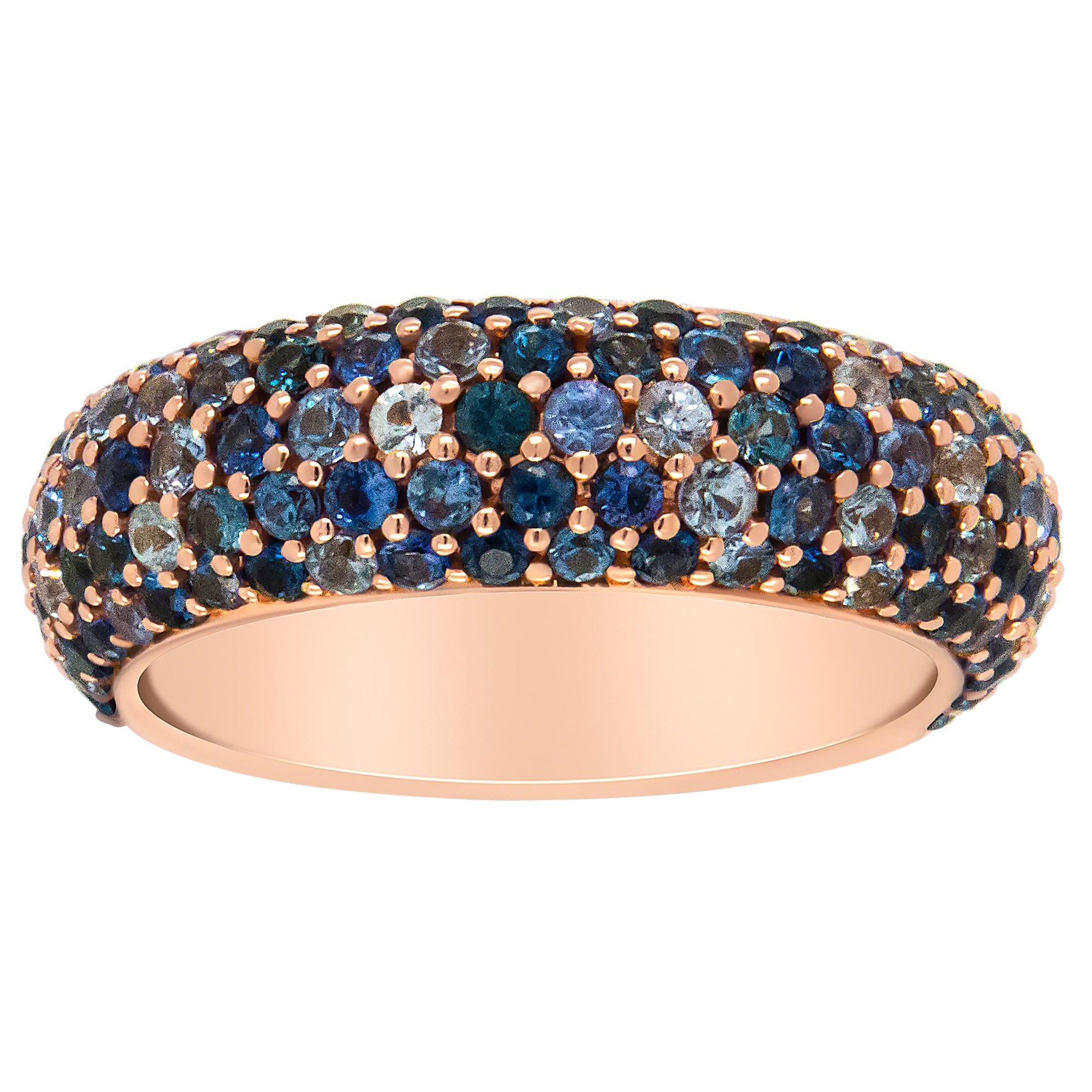 18K Rose Gold Multi Row Blue Sapphire Domed Top Band Ring For Sale
