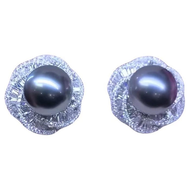 GIT Certified 12mm Tahitian Pearls Diamonds 18K Gold Earrings  For Sale