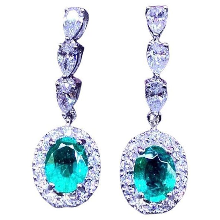 AIG Certified 2.15 Carats Zambian Emeralds  1.36 Ct Diamonds 18K Gold Earrings  For Sale