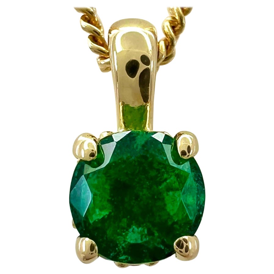 Natural 4mm Vivid Green Round Cut Emerald Diamond 18k Gold Hidden Halo Pendant For Sale
