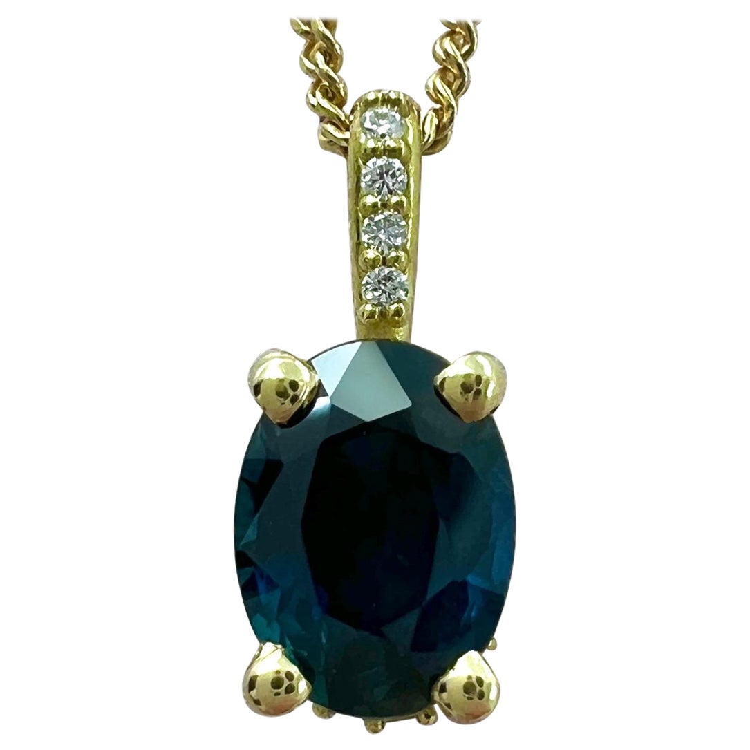 1ct Deep Blue Sapphire And Diamond 18k Yellow Gold Hidden Halo Pendant Necklace For Sale