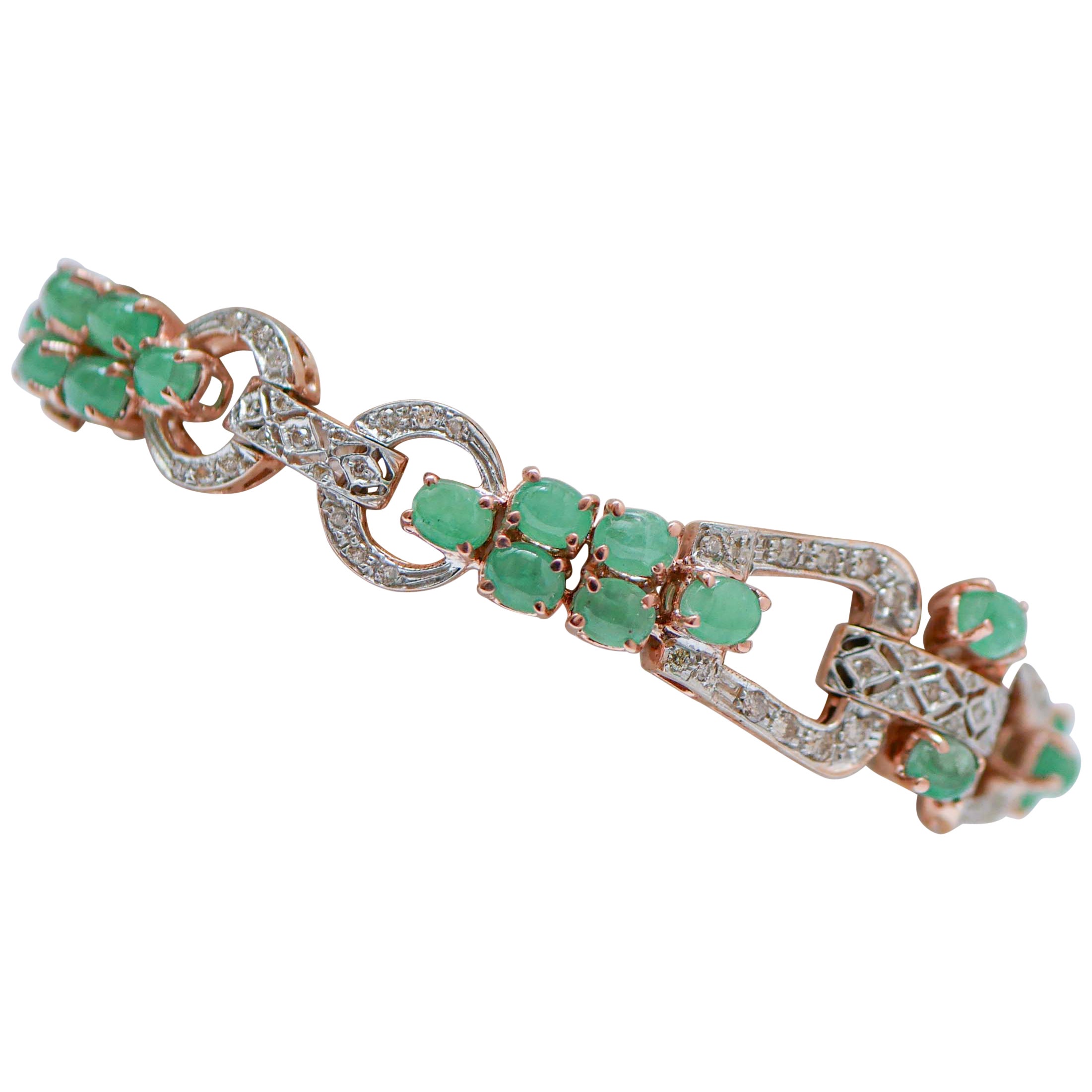 Emeralds, Diamonds, Rose Gold and Silver Bracelet. For Sale