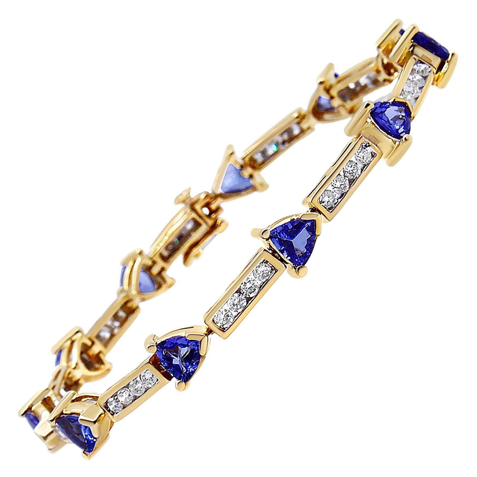 14K Yellow Gold 1 5/8 Cttw Diamond and Trillion Blue Tanzanite Link Bracelet For Sale