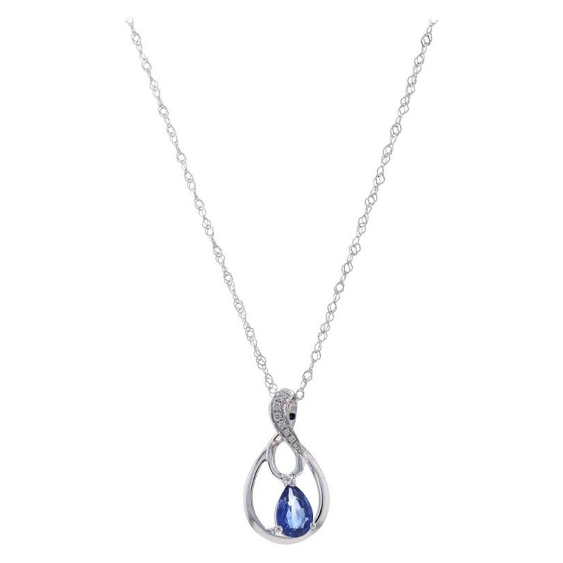 White Gold Sapphire & Diamond Pendant Necklace 17 3/4" - 18k Pear .47ctw For Sale