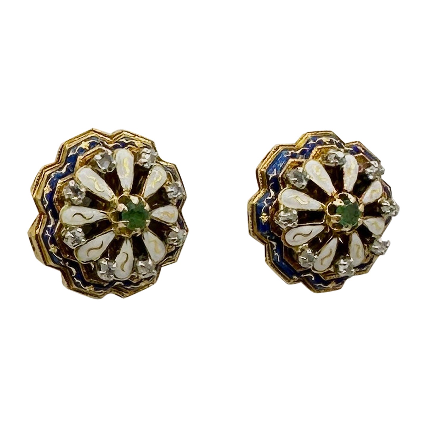 Victorian Earrings Emerald 16 Old Mine Cut Diamonds Blue Enamel 14 Karat Gold For Sale