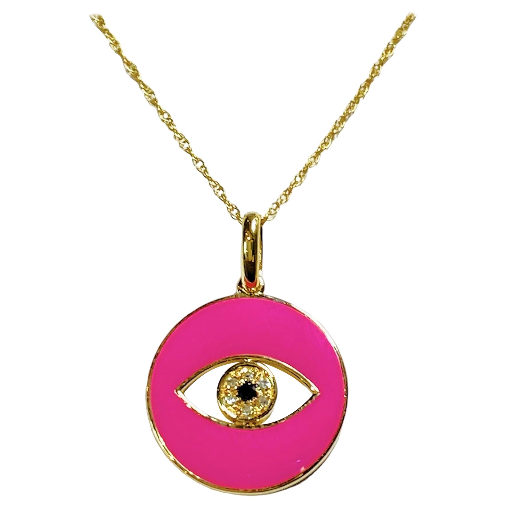 Hot Pink Enamel Eye Of God Natural Diamond Necklace in 14k Yellow Gold For Sale