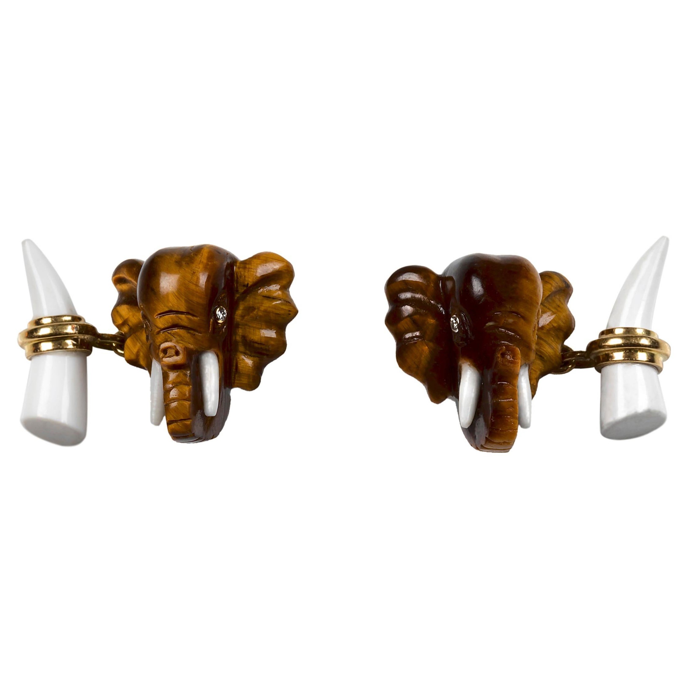 18 Karat Yellow Gold Tiger's Eye Elephant Heads Diamond Cufflinks For Sale