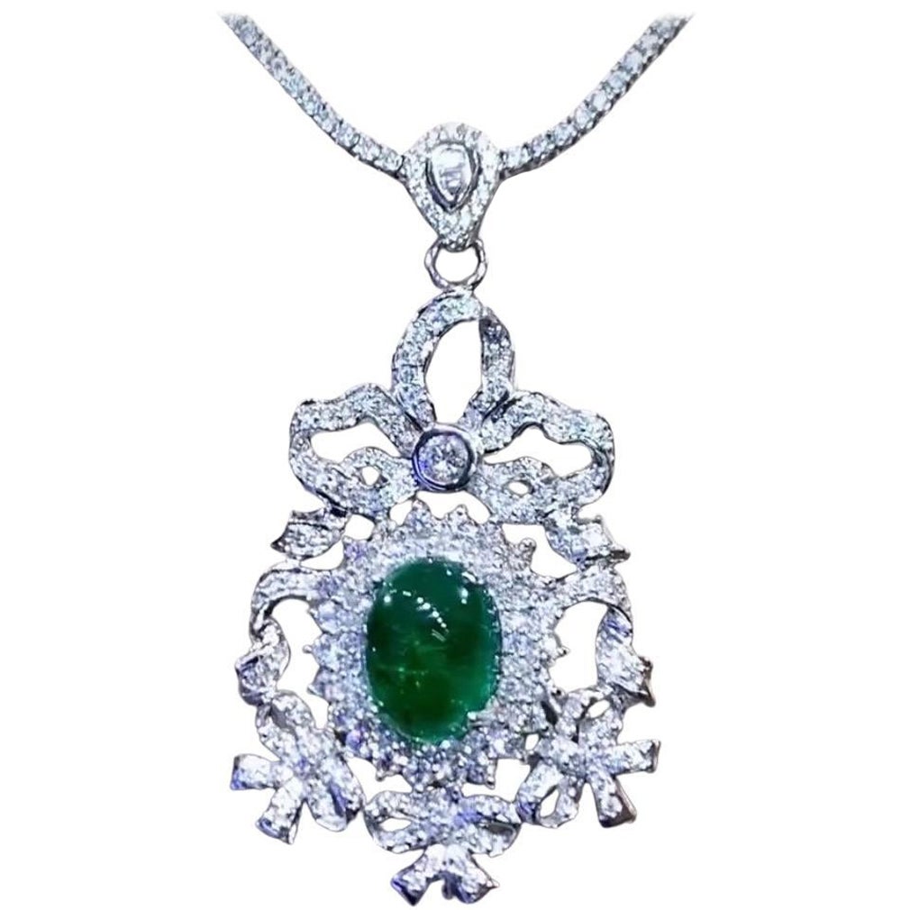 AIG Certified 8.70 Carats Zambian Emeralds  3.00 Ct Diamonds 18K Gold Pendant  For Sale