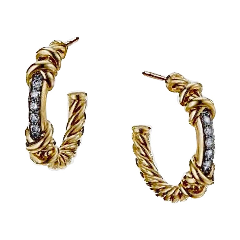 David Yurman 18K Yellow Gold Helena Diamond Hoop Earrings For Sale