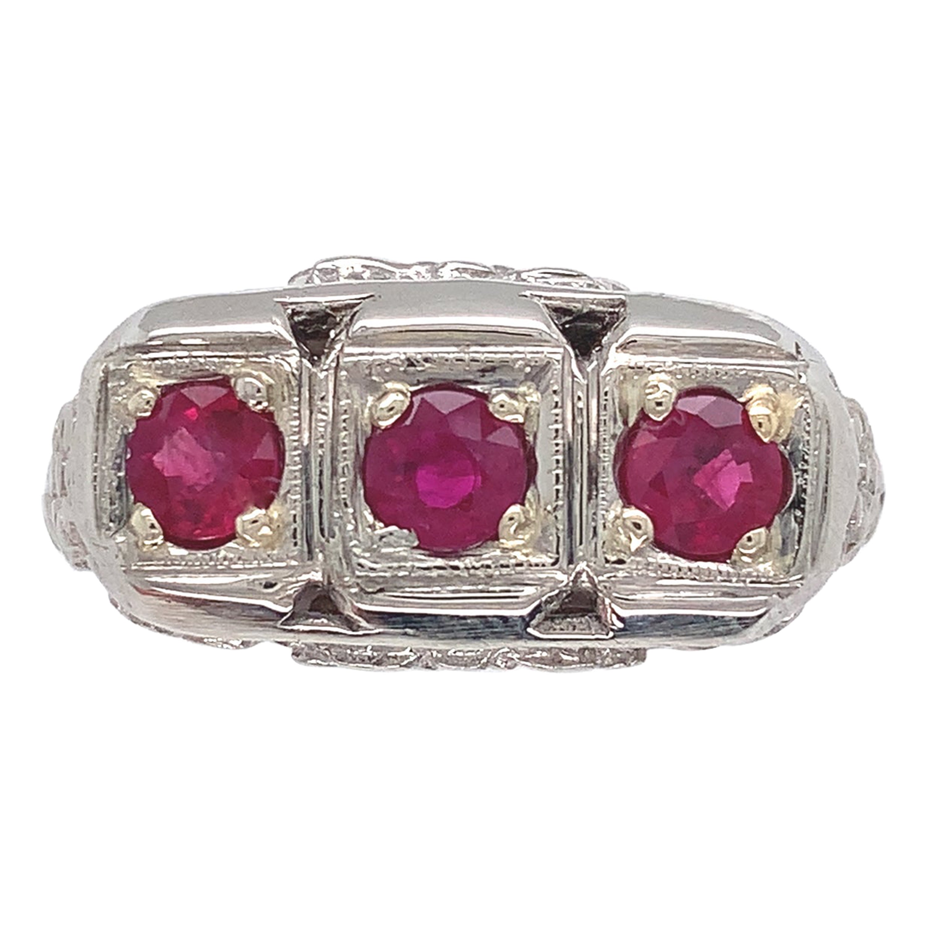 Art Deco Filigree 14K Gold Three Stone .80ct tw Ruby Ring For Sale