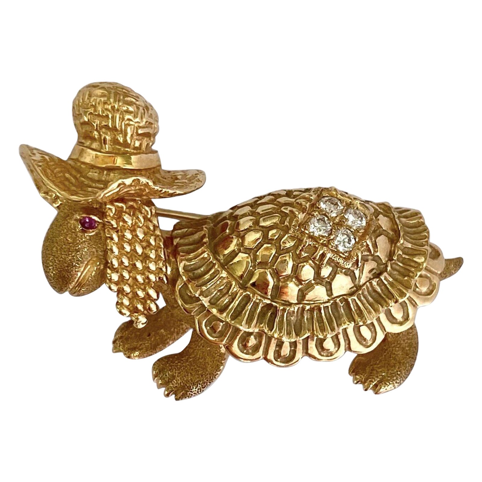 Broche tortue vintage en or jaune 14K avec diamants et rubis