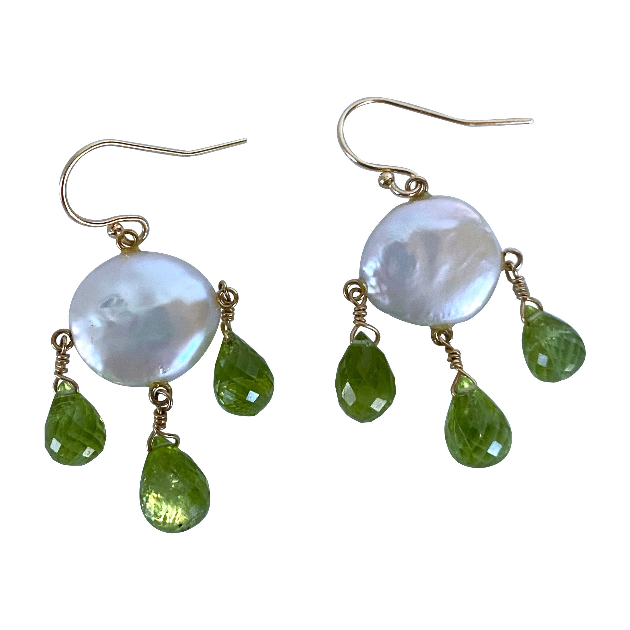 Marina J. Coin Pearl & Peridot Chandelier Earrings with 14k Yellow Gold For Sale