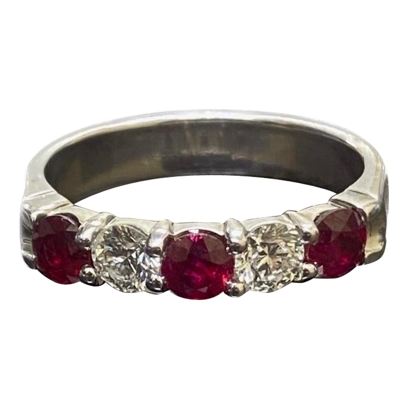 14K White Gold Five Stone Diamond Ruby Engagement Band For Sale