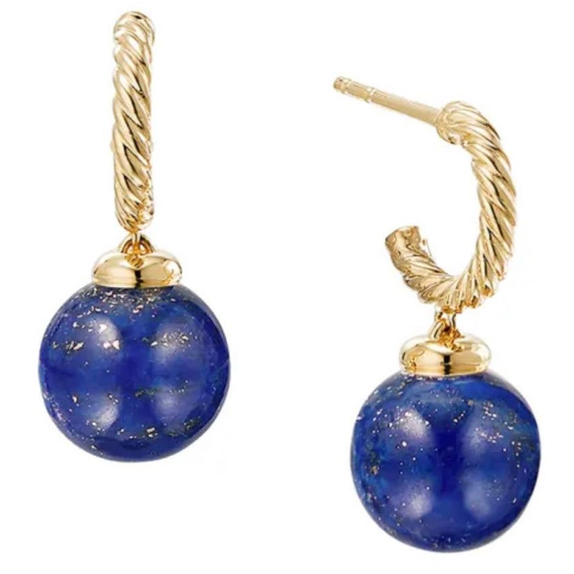 David Yurman 18K Yellow Gold Solari Lapis Luzuli Sphere Hoop Drop Earrings For Sale