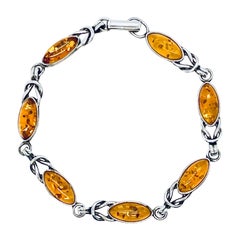 Vintage Baltic Amber Marquise Cabochon 925 Silver Link Bracelet 