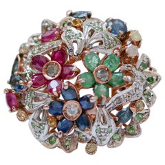 Emeralds, Rubies, Sapphires, Tsavorite, Diamonds, Rose Gold and Silver Ring.