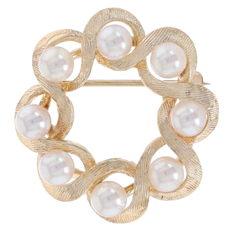 Yellow Gold Cultured Pearl Halo Twist Wreath Brooch - 14k Pin