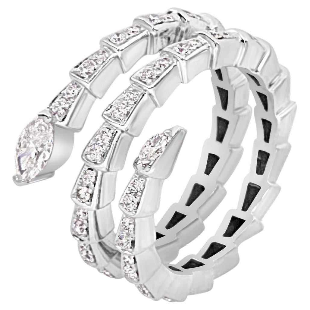 Three-coil white diamond stylized snake ring in 18kt white gold