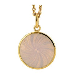 Round Diskos Pendant Necklace 18k Yellow Gold  White Guilloche Enamel 15.0 mm