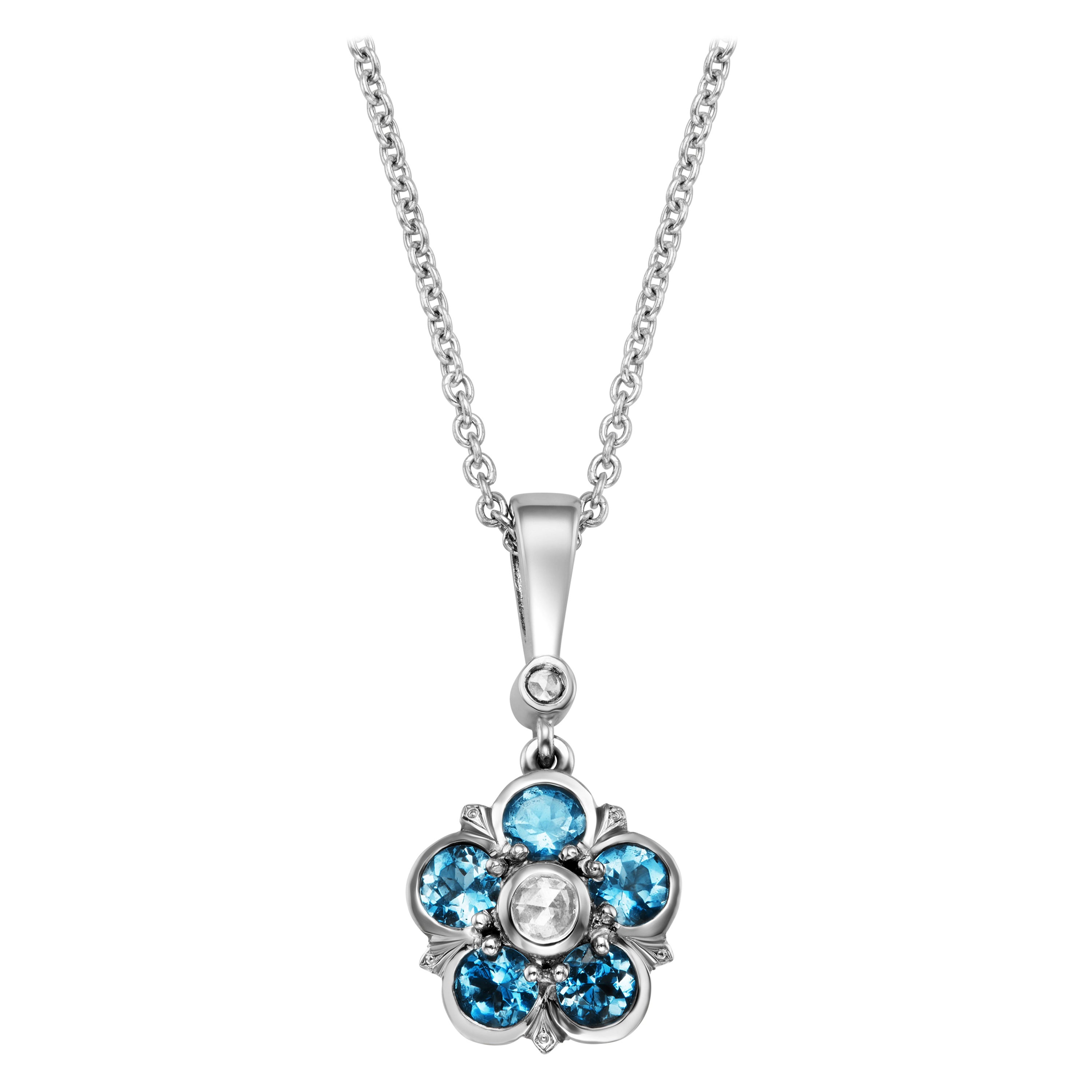 Aquamarine and Diamond Rose Floral Platinum Pendant Necklace For Sale