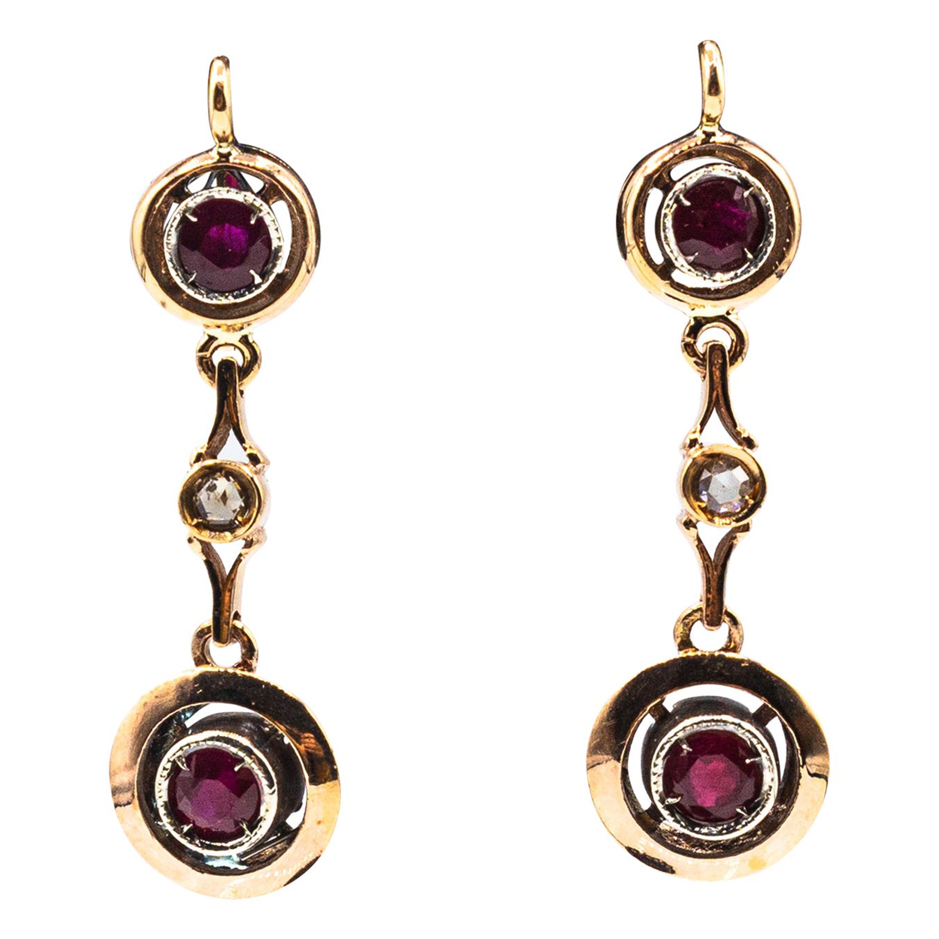 Art Deco Style  White Rose Cut Diamond Ruby Yellow Gold Lever-Back Earrings For Sale