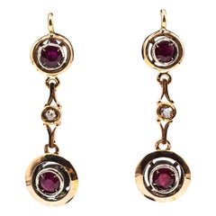 Art Deco Style  White Rose Cut Diamond Ruby Yellow Gold Lever-Back Earrings