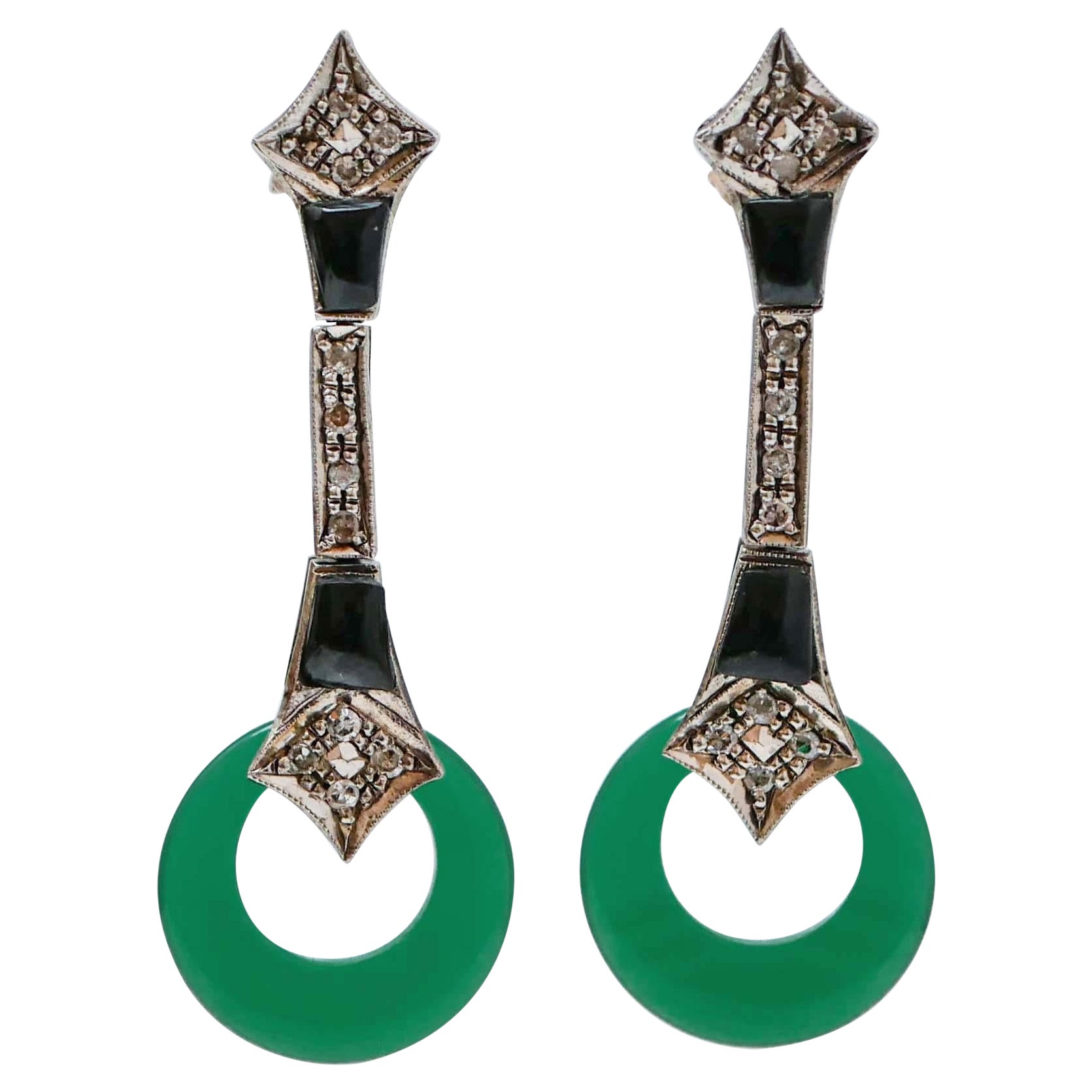 Boucles d'oreilles en jade, onyx, diamants, or rose et argent en vente