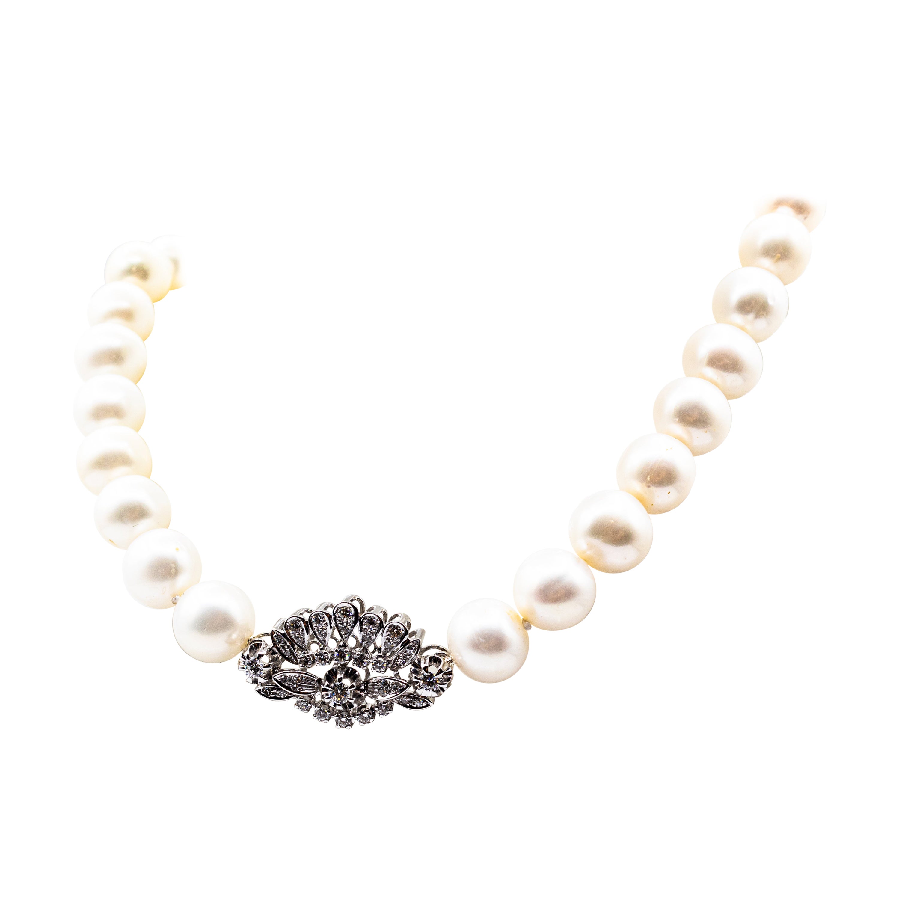 Art Deco Style White Brilliant Cut Diamond Sea Pearl White Gold Beaded Necklace