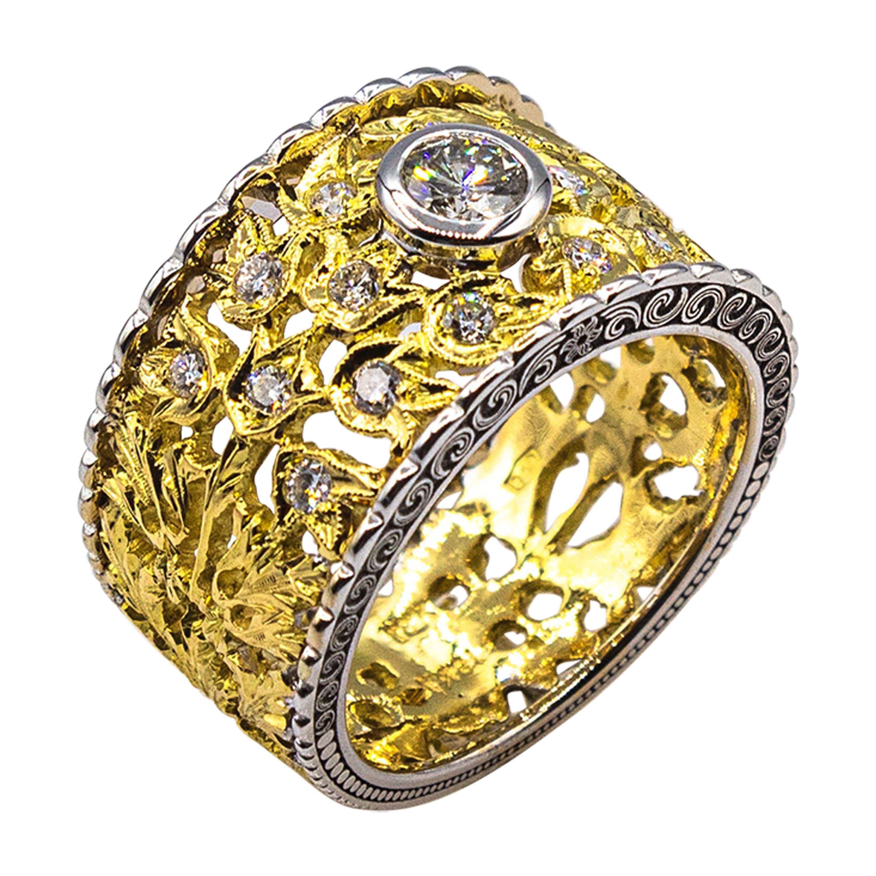 Art Nouveau Handcrafted White Brilliant Cut Diamond Yellow Gold Cocktail Ring