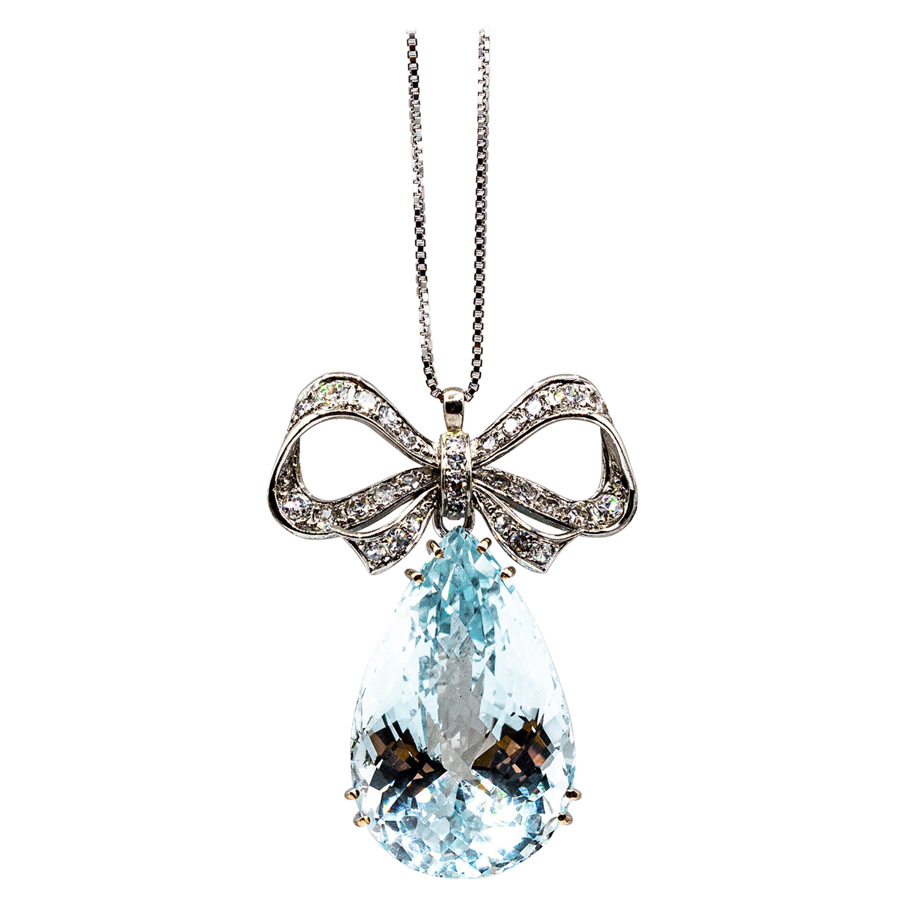 Art Deco Style White Diamond Pear Cut Blue Topaz White Gold Pendant Necklace