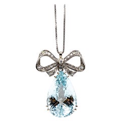 Art Deco Style White Diamond Pear Cut Blue Topaz White Gold Pendant Necklace