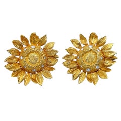 Signed Asprey Retro Gold Colorless Natural Diamond Sunflower Earrings Circa 1980