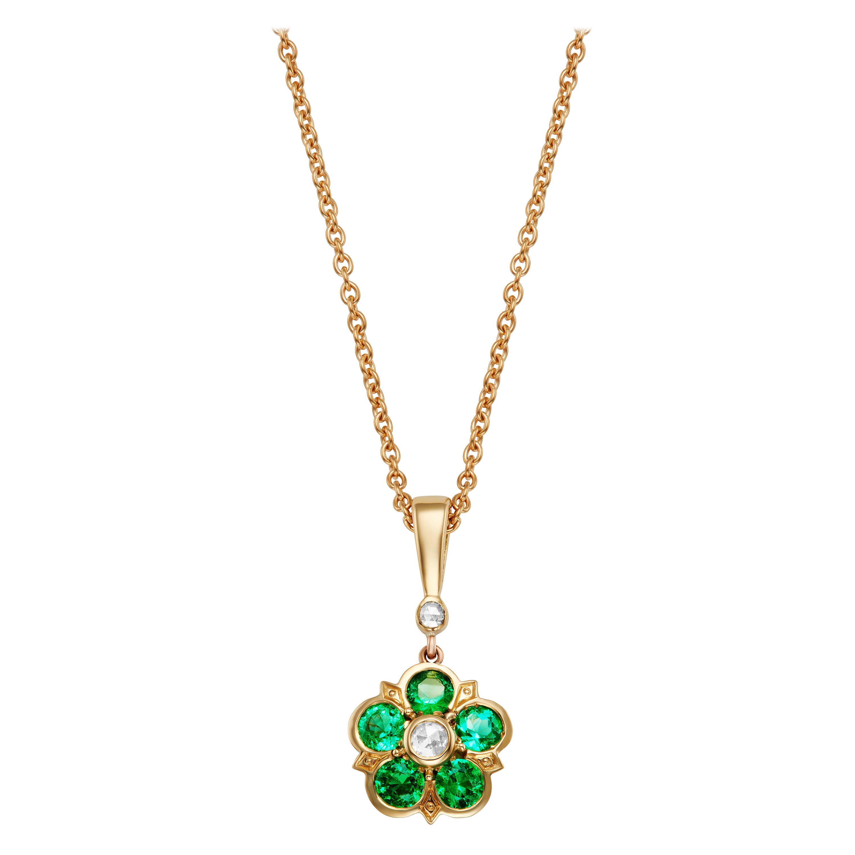 Emerald and Rose cut Diamond Rose Floral Yellow Gold Pendant Necklace For Sale