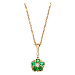 Halskette mit Blumenanhänger aus Gelbgold mit Smaragd und Diamant im Rosenschliff mit Rosenschliff