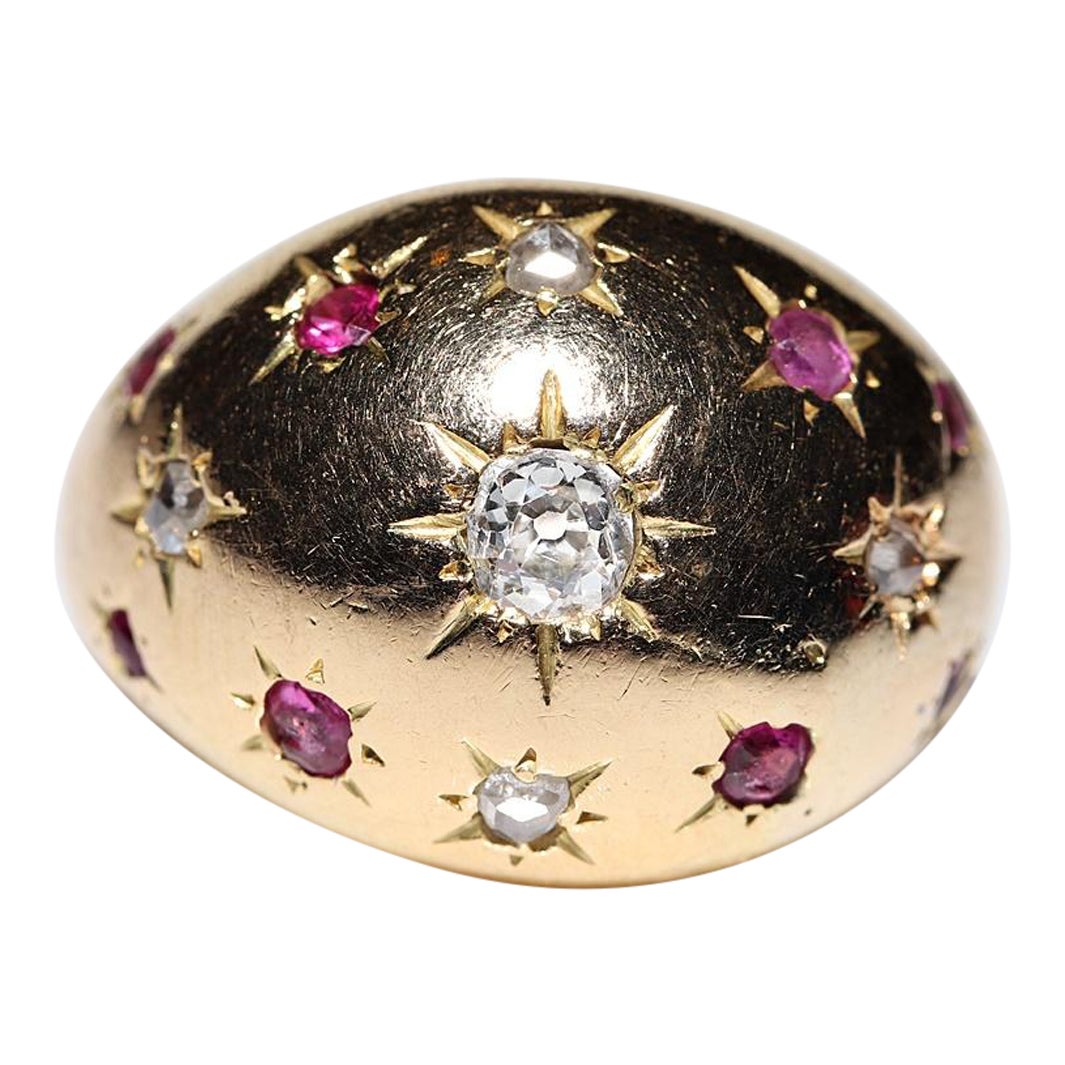 Vintage Circa 1960s 18k Gold Natural Diamond And Ruby Decorated Strong Ring For Sale