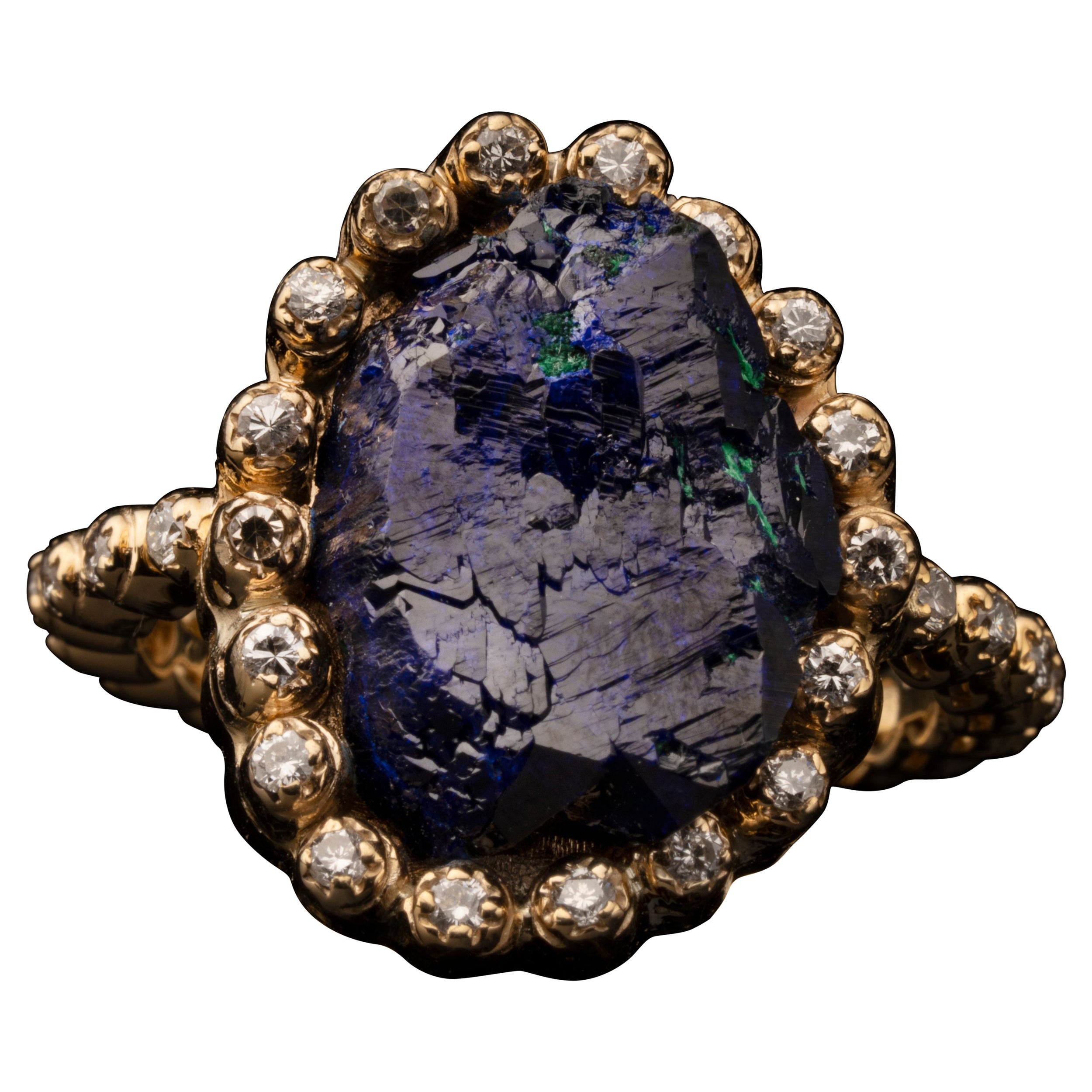 Azurite with White Diamonds 14 Karat Gold Ring For Sale