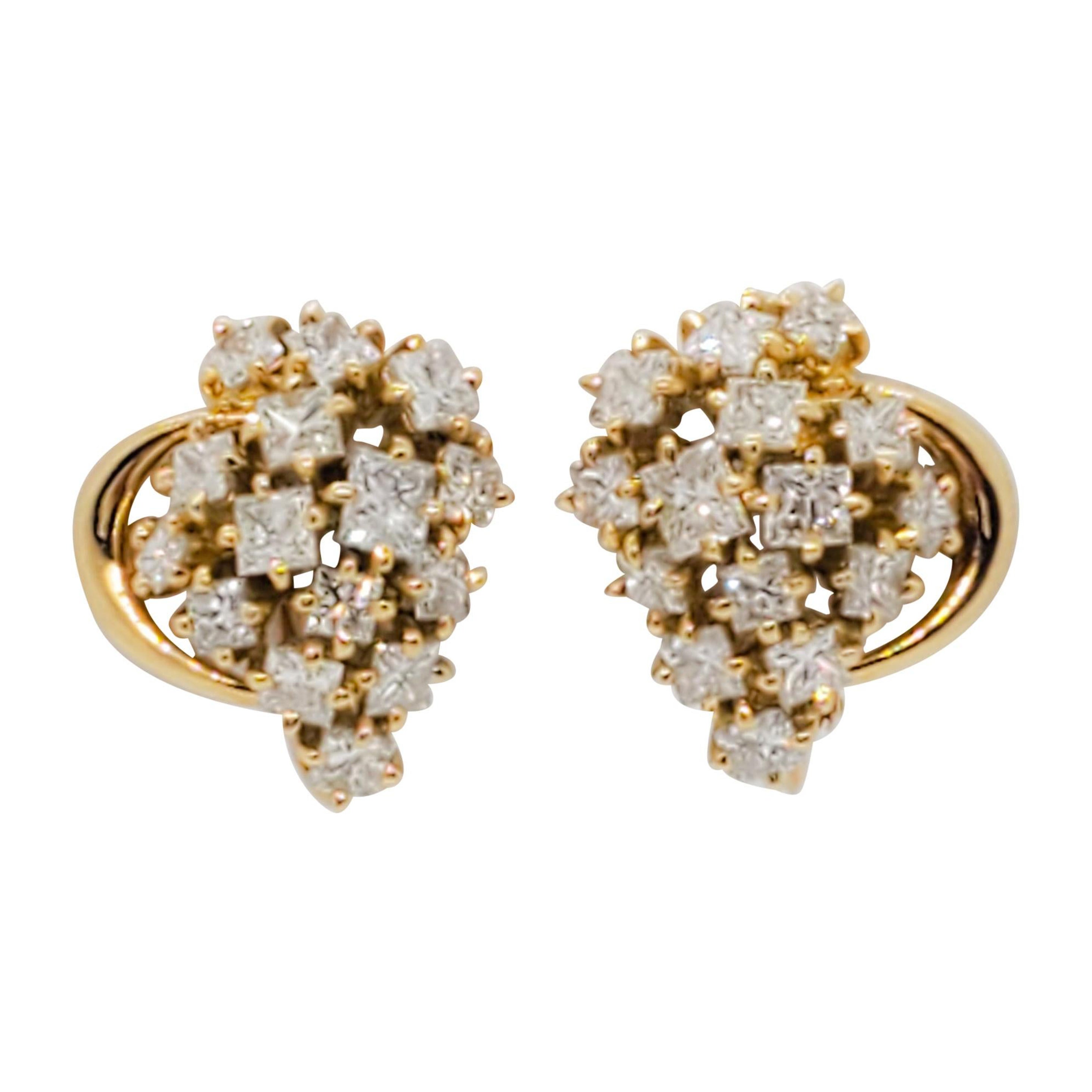 White Diamond Cluster Earrings in 18k Yellow Gold For Sale