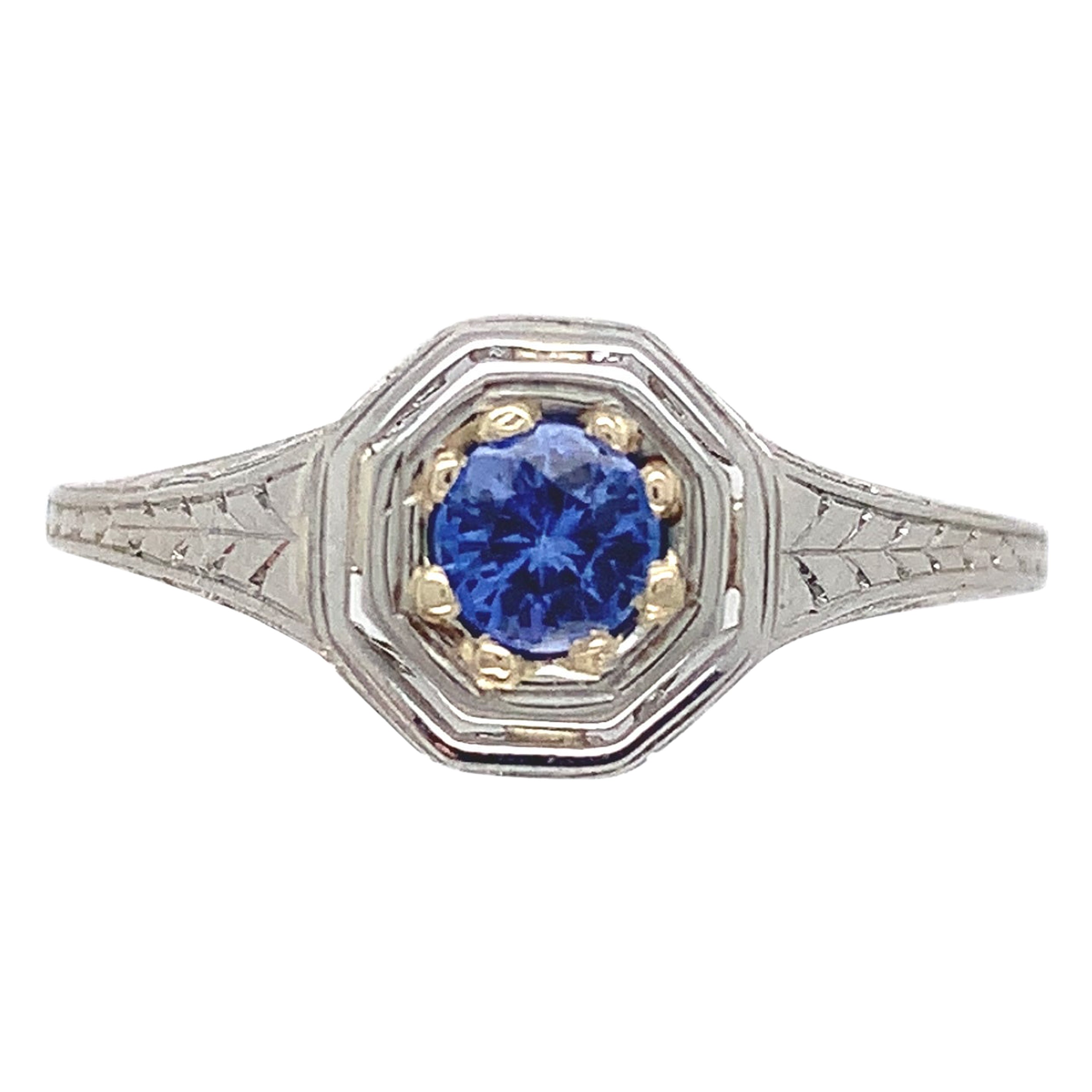 18K Gold .25ct Sapphire Filigree Art Deco Ring j6406