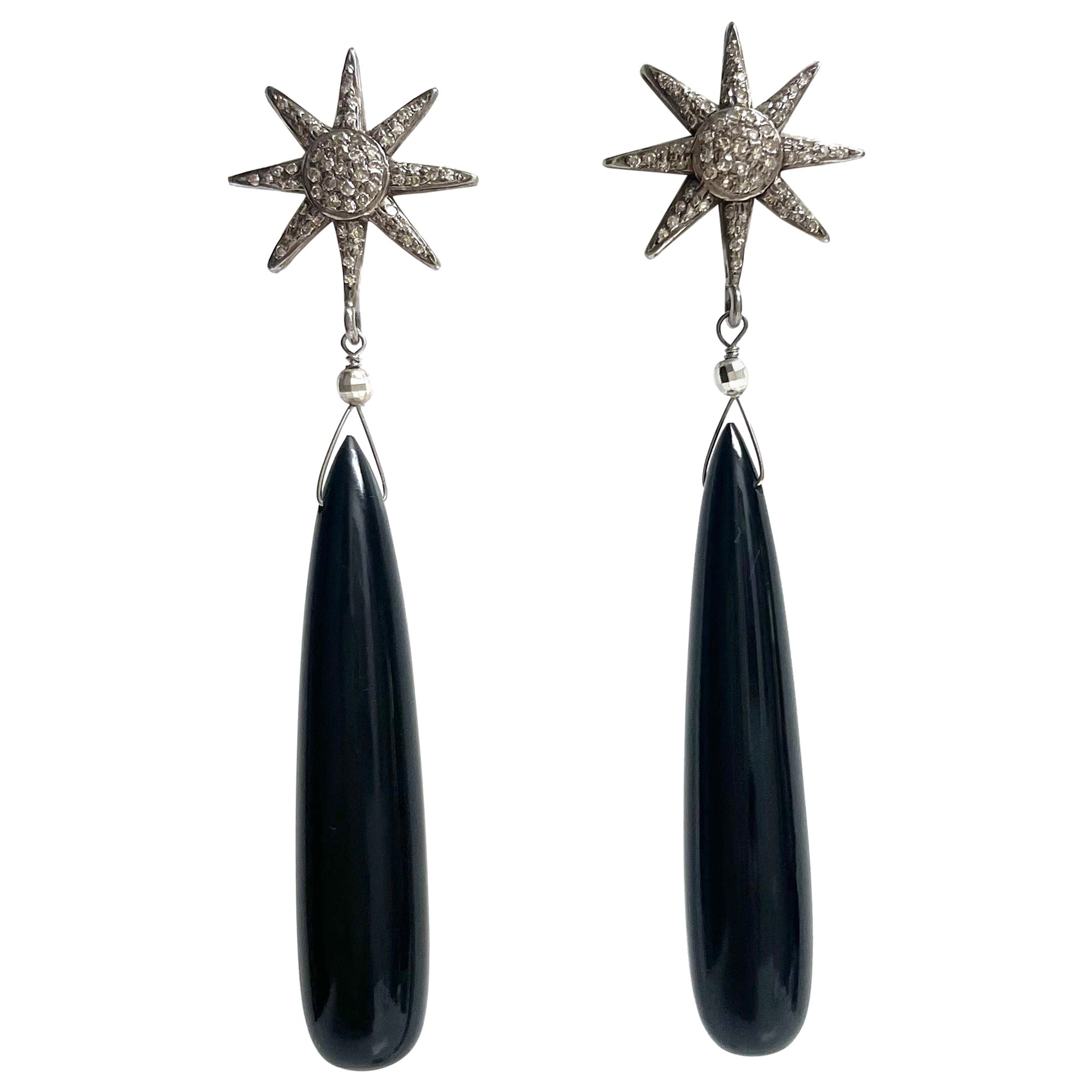  Onyx 74 Carats and Diamond Starburst Paradizia Earrings For Sale