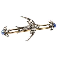 Victorian Sterling Silver and 10k Gold Swallow Brooch with Diamonds and Sapphire 8
