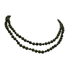 Retro Double Strand Deep Intense Green Jade, Onyx, Gold Beaded Necklace, c1960's.