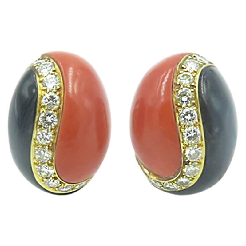 VAN CLEEF 
ARPELS Coral Onyx  Diamond Earrings.