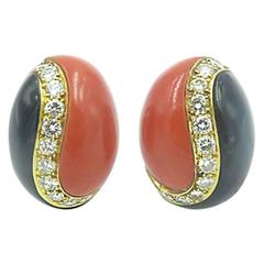 VAN CLEEF & ARPELS Coral Onyx  Diamond Earrings.