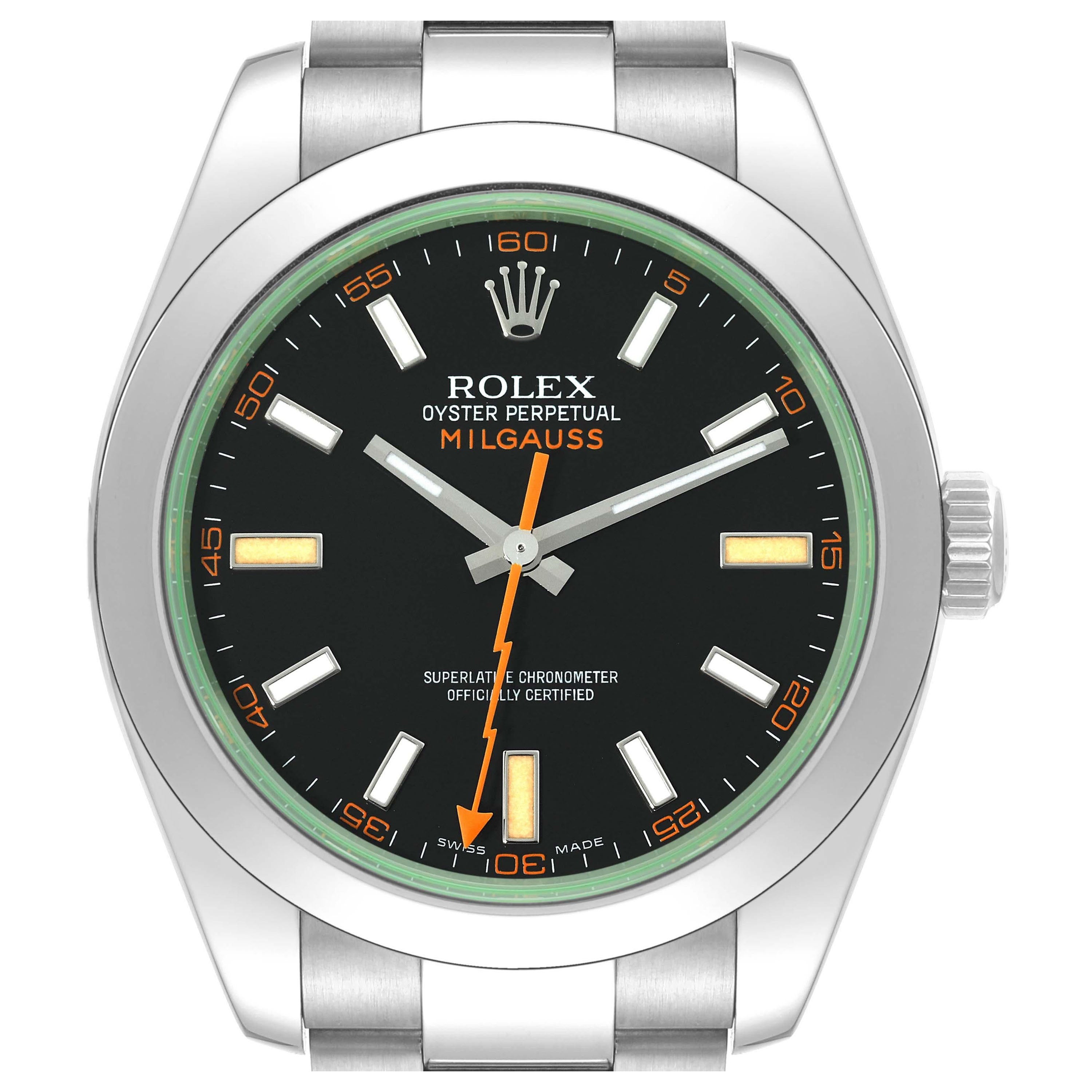 Rolex Milgauss Black Dial Green Crystal Steel Mens Watch 116400 Box Card