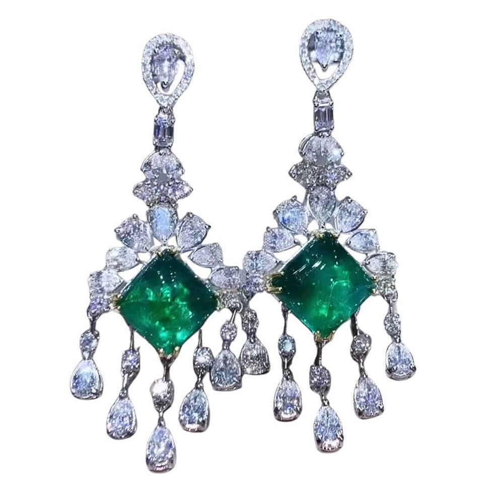 AIG certified 30.02 Carats Zambian Emeralds  12.68 Ct Diamonds 18K Gold Earrings For Sale