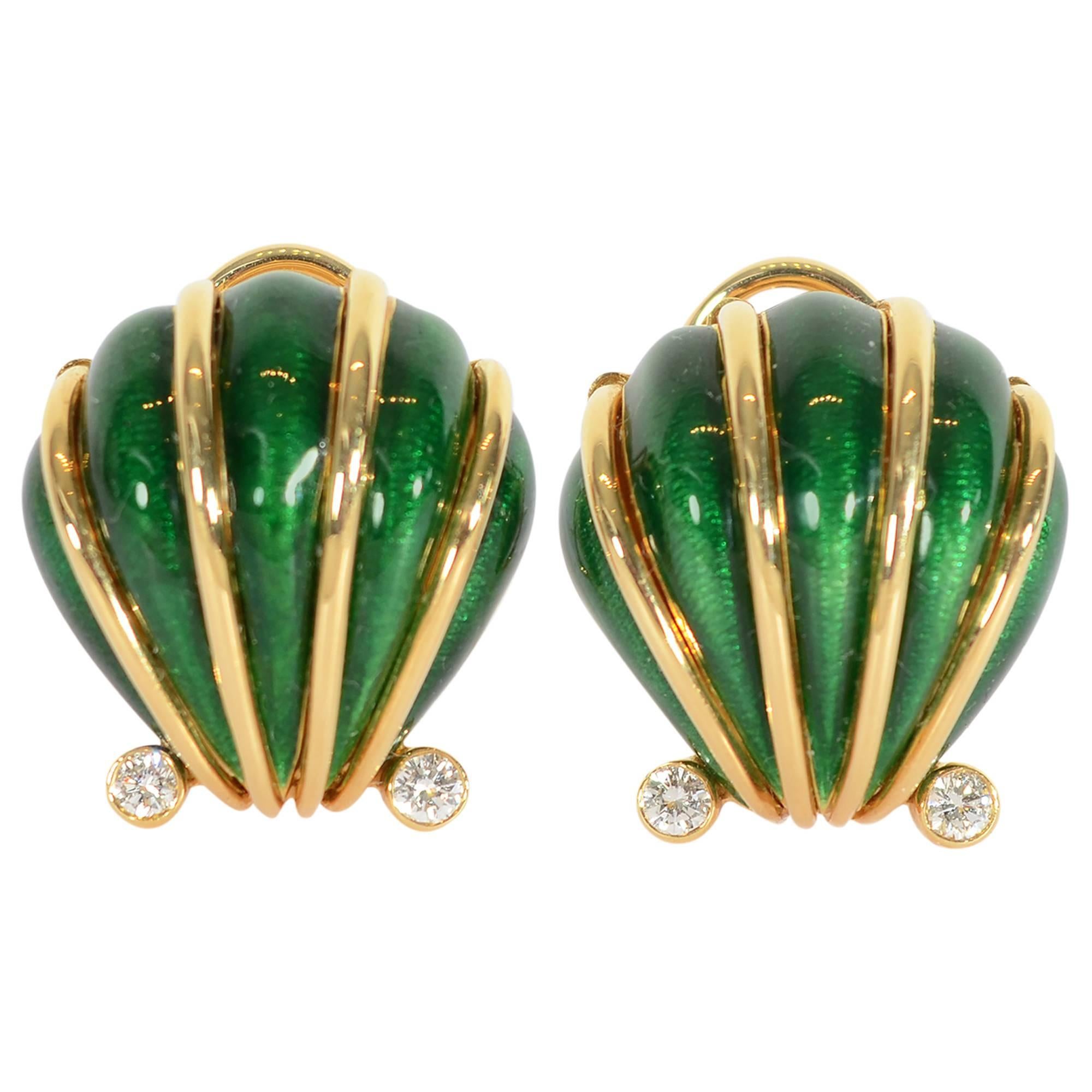 Tiffany & Co. Schlumberger Enamel and Diamond Shell Earrings For Sale