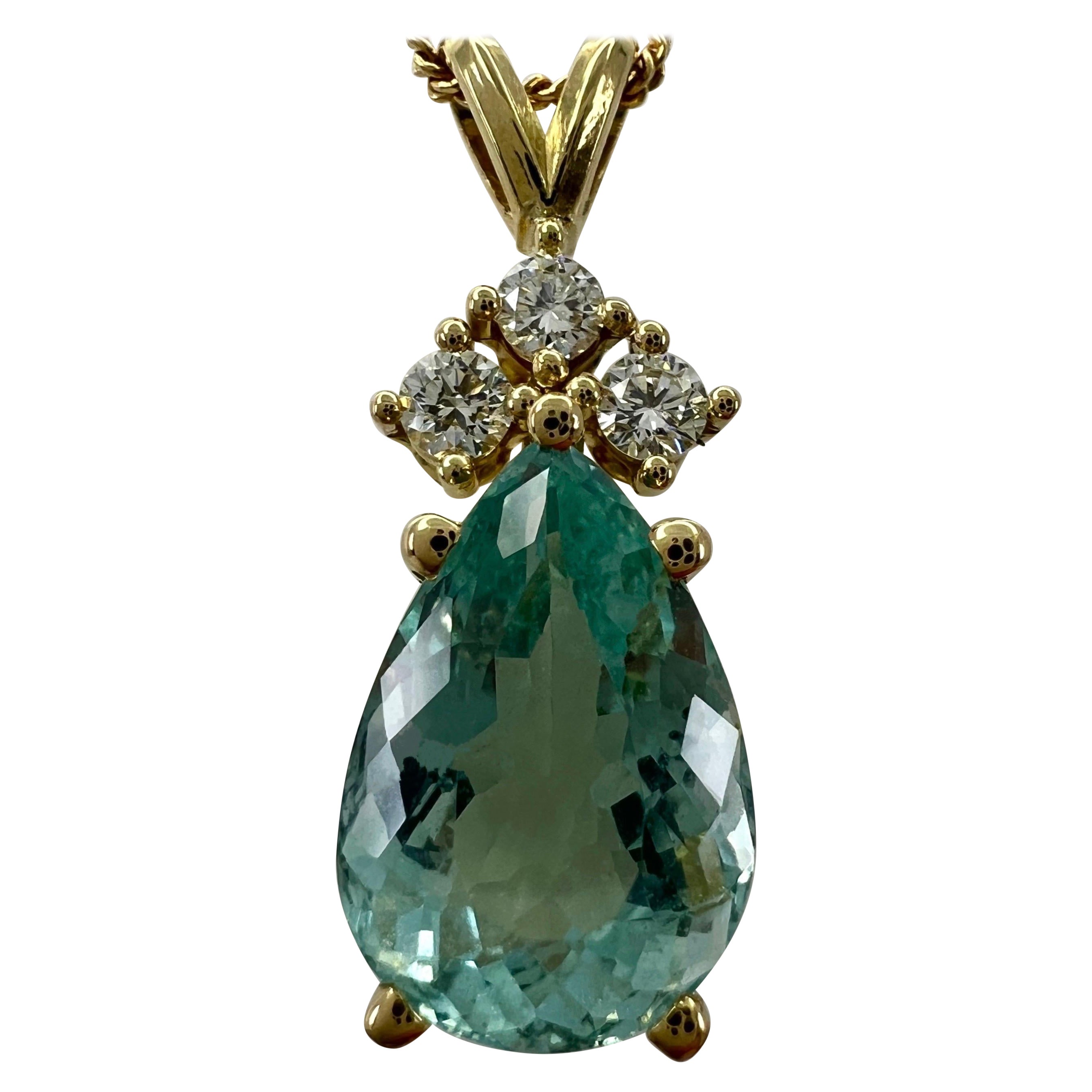 Lagoon Green Blue Aquamarine & Diamond Pear Cut 18k Yellow Gold Pendant Necklace