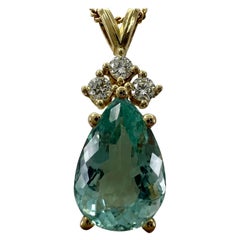 Lagoon Green Blue Aquamarine & Diamond Pear Cut 18k Yellow Gold Pendant Necklace