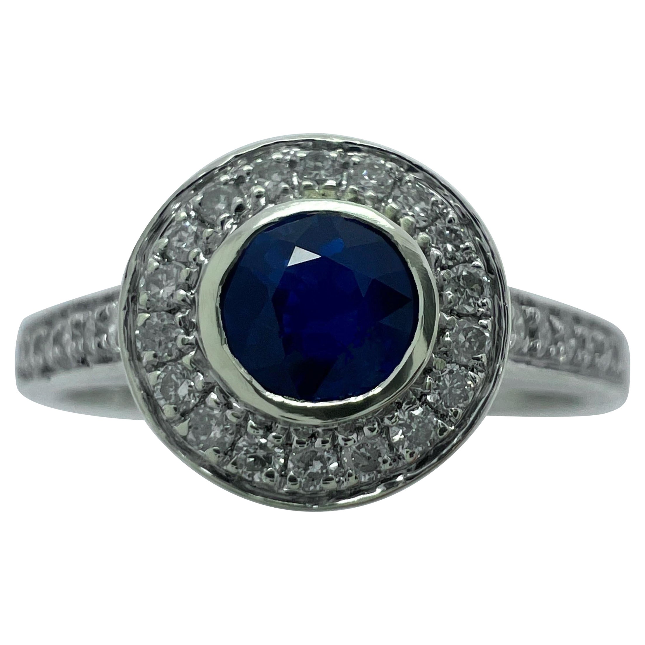 Deep Blue Round Cut Ceylon Sapphire Diamond White Gold Halo Cocktail Ring