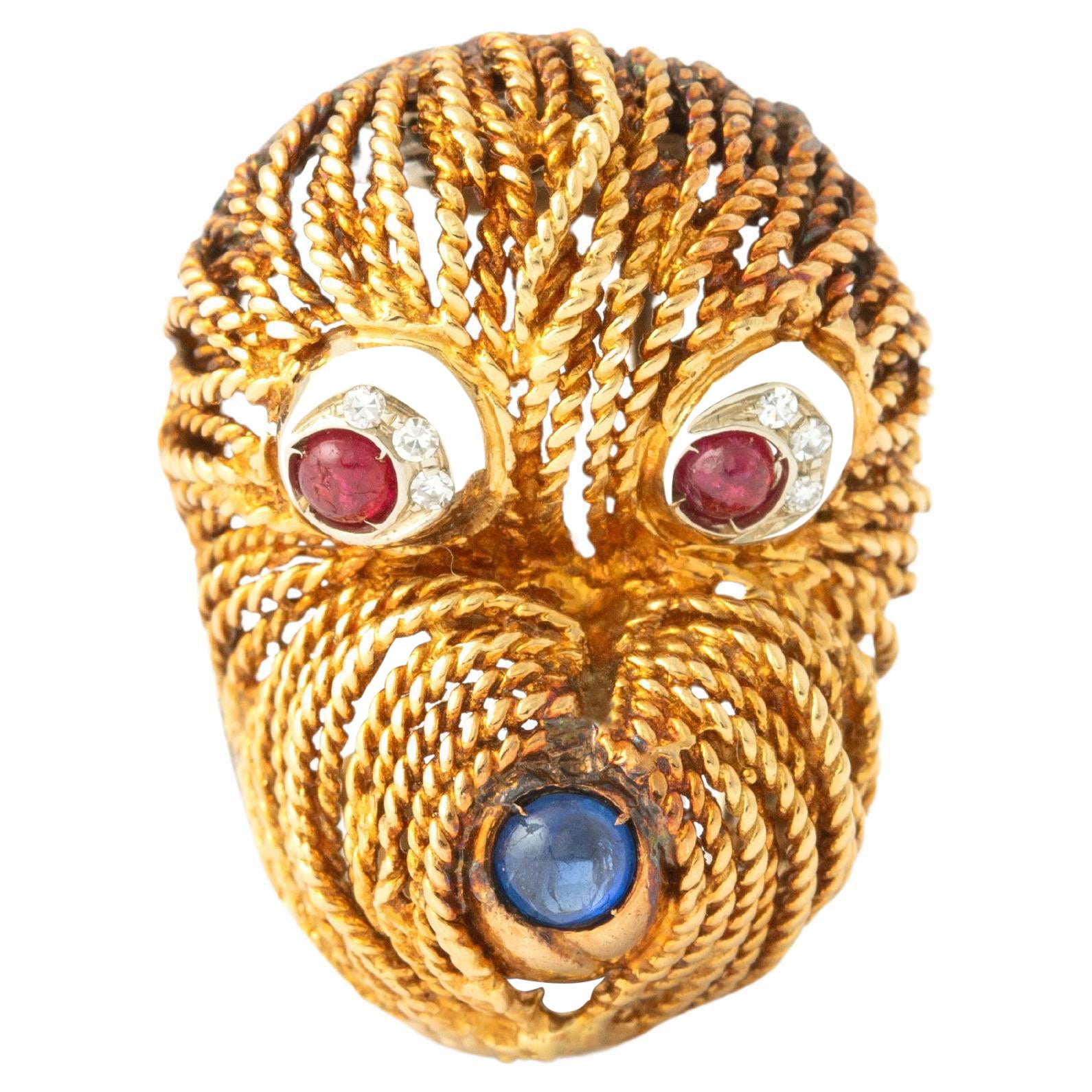 Dog's Head Yellow Gold 18K Ruby Sapphire Diamond Brooch 1960S